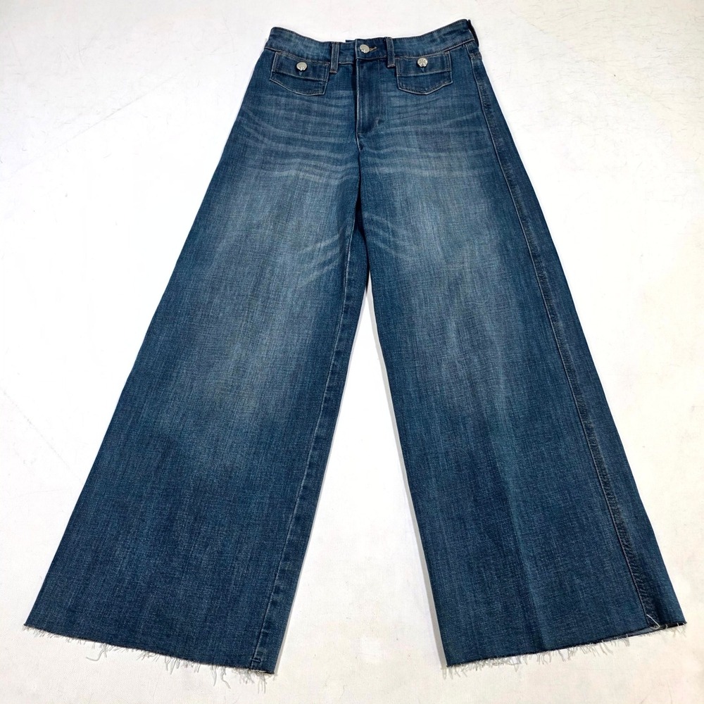 H&M Wide Leg Jeans Women 4 Blue High Waist Raw Hem Flap Pocket Sailor Denim